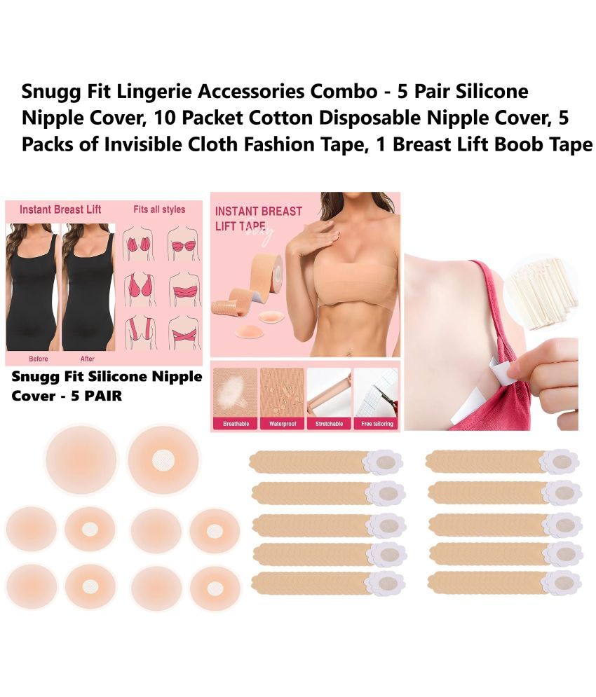     			Best Quality Cheapest Combo - Breast Lift Boob Tape (2), Flix 10 Times Reusable Silicone Nipple Cover (5 Pair), Disposable Cotton Nipple Cover (10 Packs) & Double Side Invisible Fashion Body Tape (5 Packs)