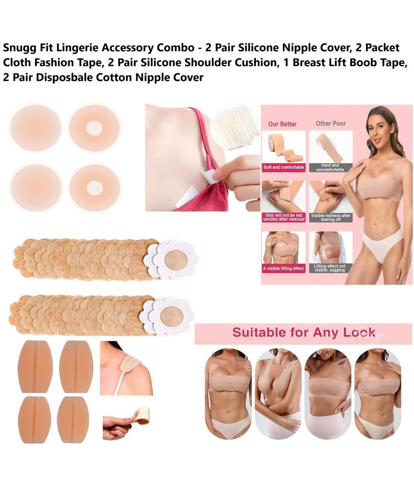     			Best Quality Cheapest Combo - Breast Lift Boob Tape (1), Flix 10 Times Reusable Silicone Nipple Cover (2), Disposable Cotton Nipple Cover (2 Pack), Silicone Anti Slip Shoulder Cushion (2Pair) & Double Side Invisible Fashion Body Tape (2Packs)