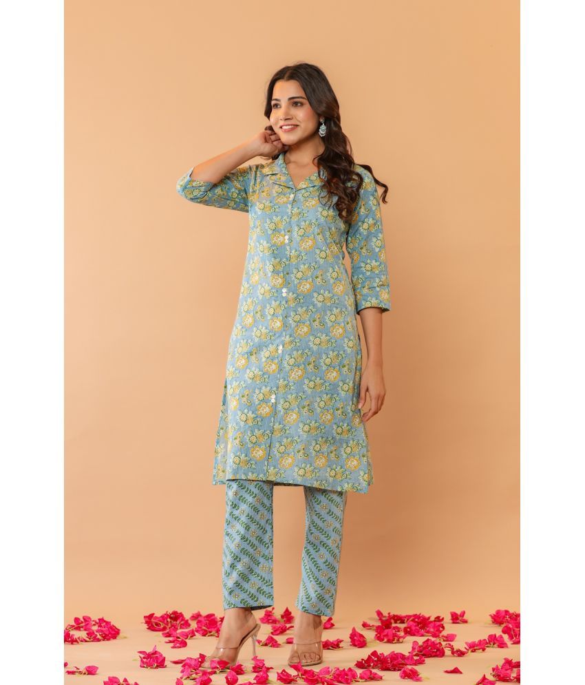     			Flamboyant Cotton Blend Printed Kurti With Pants Women's Stitched Salwar Suit - Blue ( Pack of 1 )