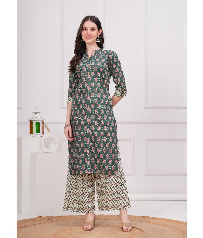     			JC4U Cotton Blend Self Design Kurti With Pants Women's Stitched Salwar Suit - Green ( Pack of 1 )