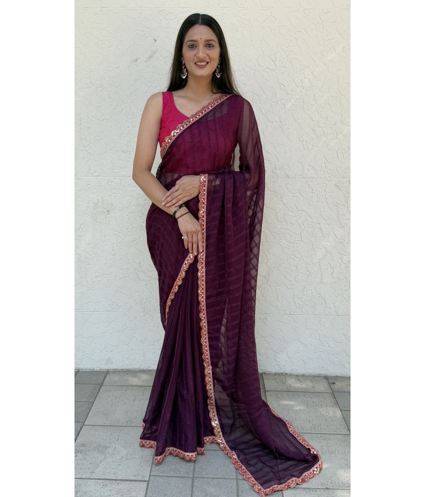     			Lady Shopi Pack of 1 Chiffon Striped Saree With Blouse Piece ( Wine )