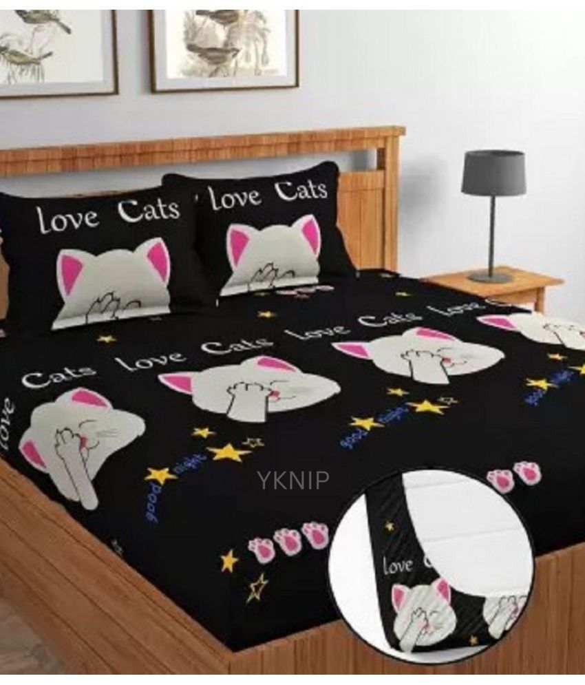     			YKNIP Cotton Animal Fitted 1 Bedsheet with 2 Pillow Covers ( King Size ) - Black