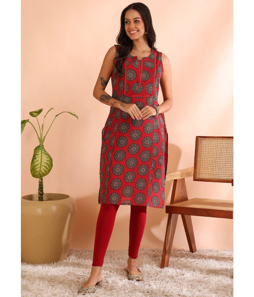     			Yash Gallery Pack of 1 Cotton Printed Straight Women's Kurti - ( Red )