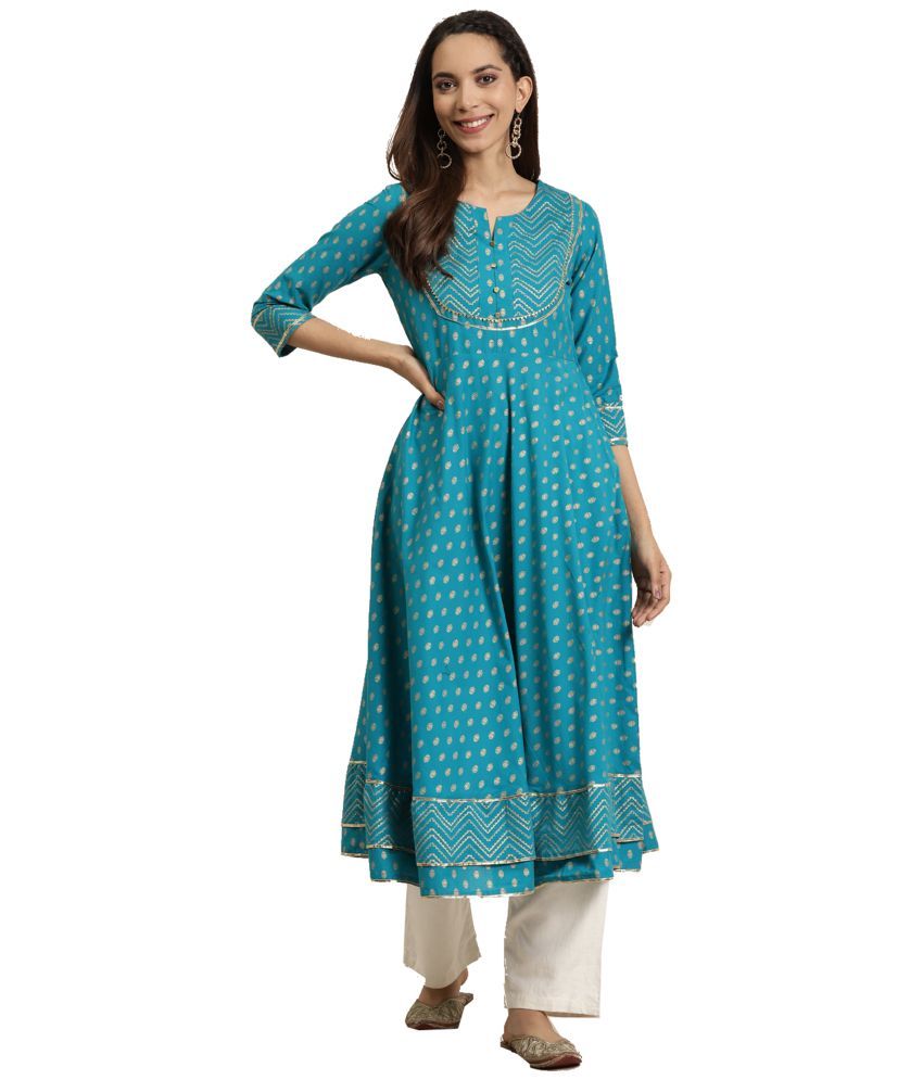     			Yash Gallery Pack of 1 Cotton Blend Printed Anarkali Women's Kurti - ( Teal )