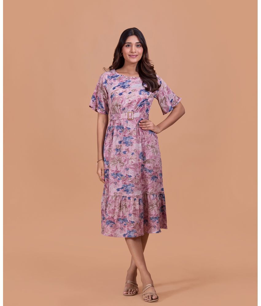     			Fashfun Cotton Blend Printed Midi Women's Fit & Flare Dress - Pink ( Pack of 1 )