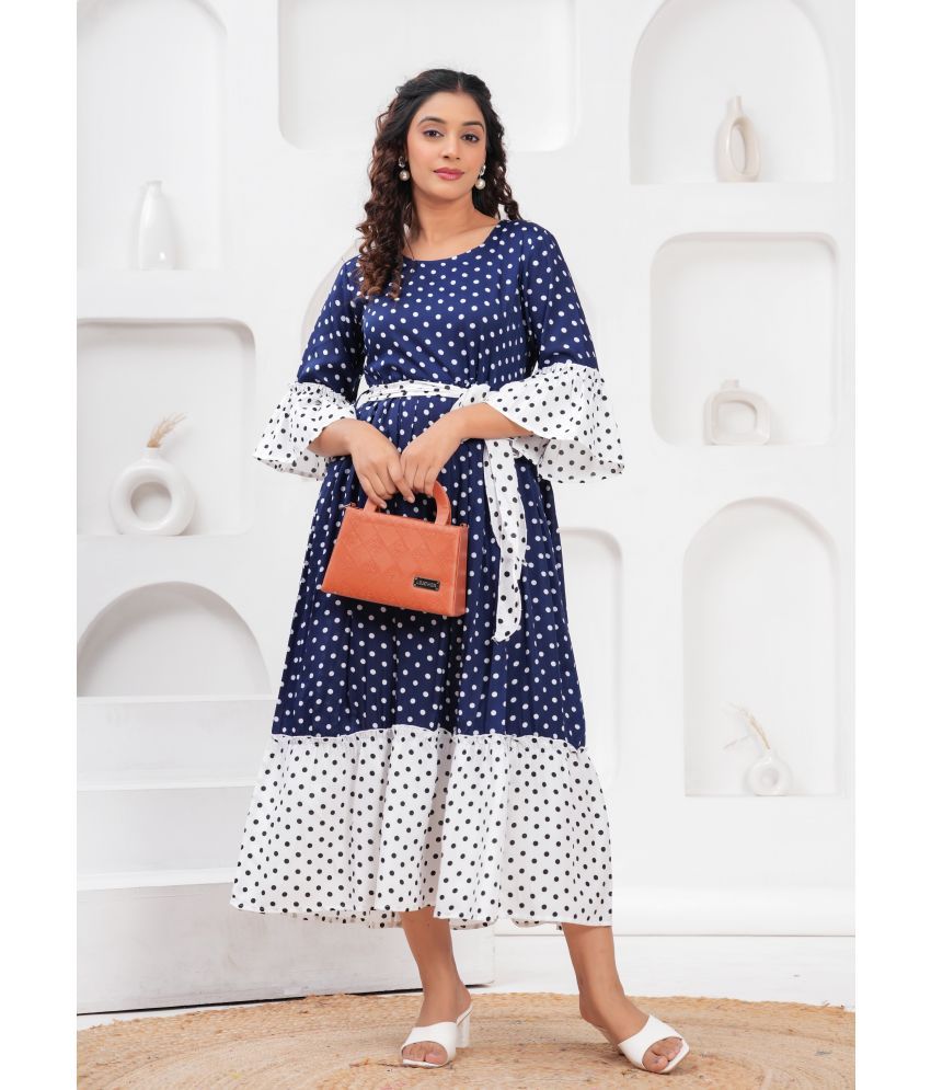     			JAI SHIVAM TRADERS Crepe Printed Calf-Length Women's Fit & Flare Dress - Navy ( Pack of 1 )