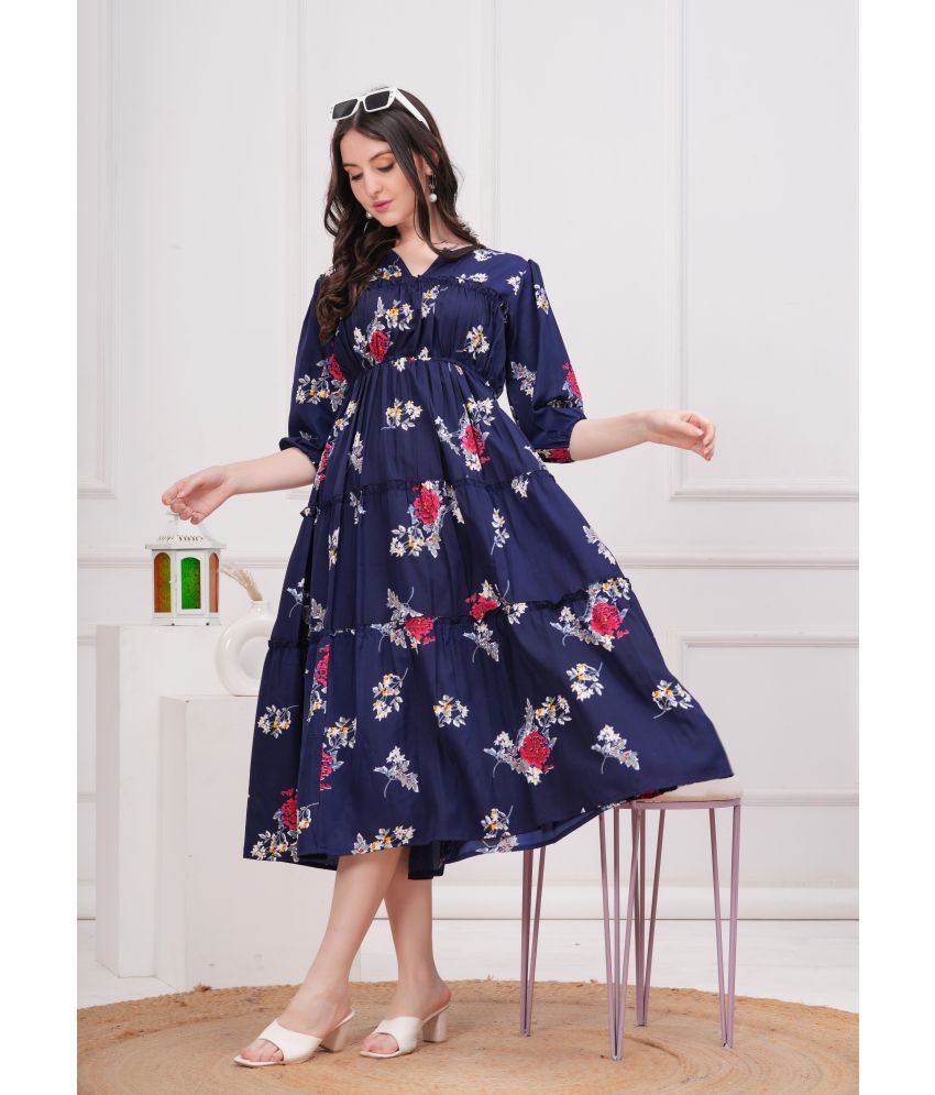     			JAI SHIVAM TRADERS Crepe Printed Calf-Length Women's Fit & Flare Dress - Navy ( Pack of 1 )