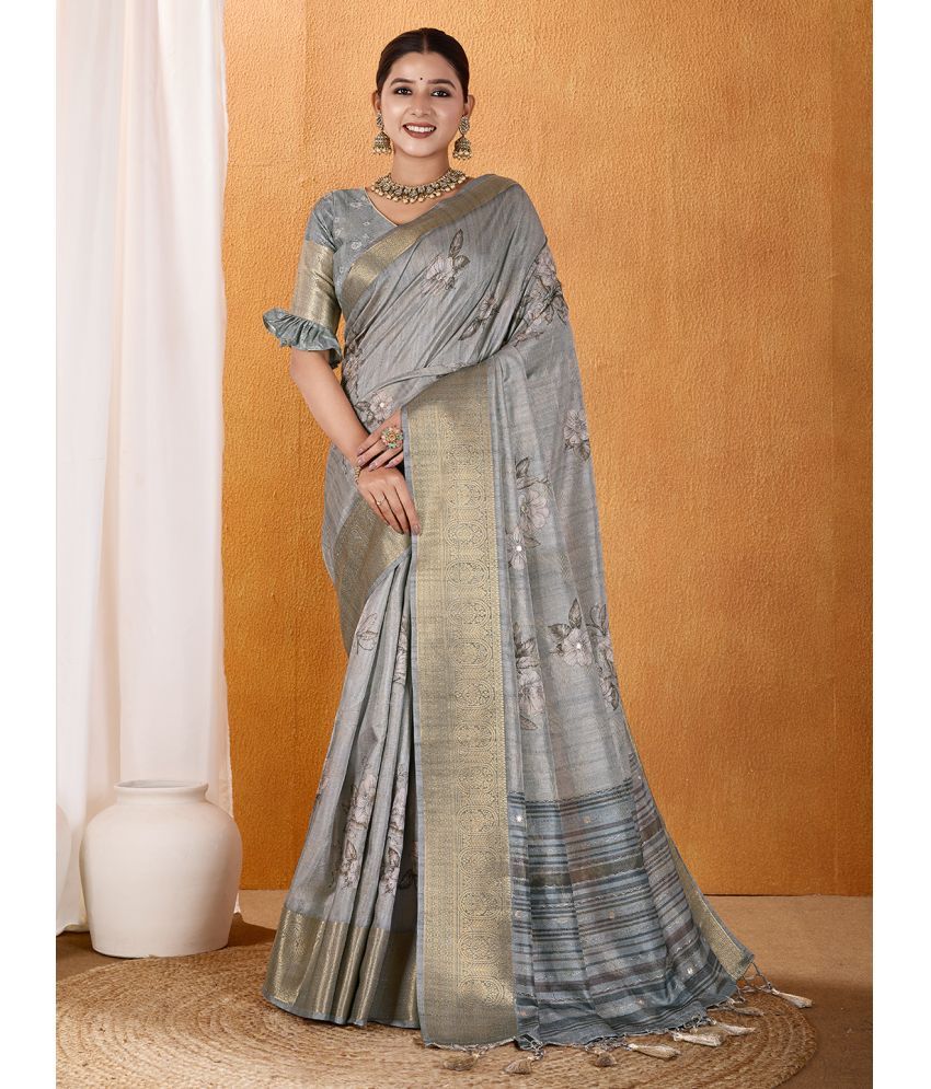     			RekhaManiyar Pack of 1 Silk Blend Printed Saree With Blouse Piece ( Grey )