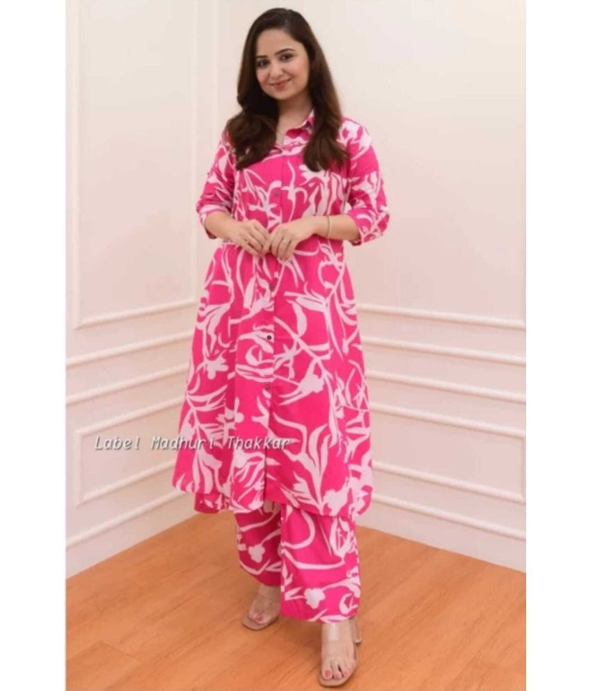     			VVGROUP Viscose Printed Kurti With Pants Women's Stitched Salwar Suit - Pink ( Pack of 1 )