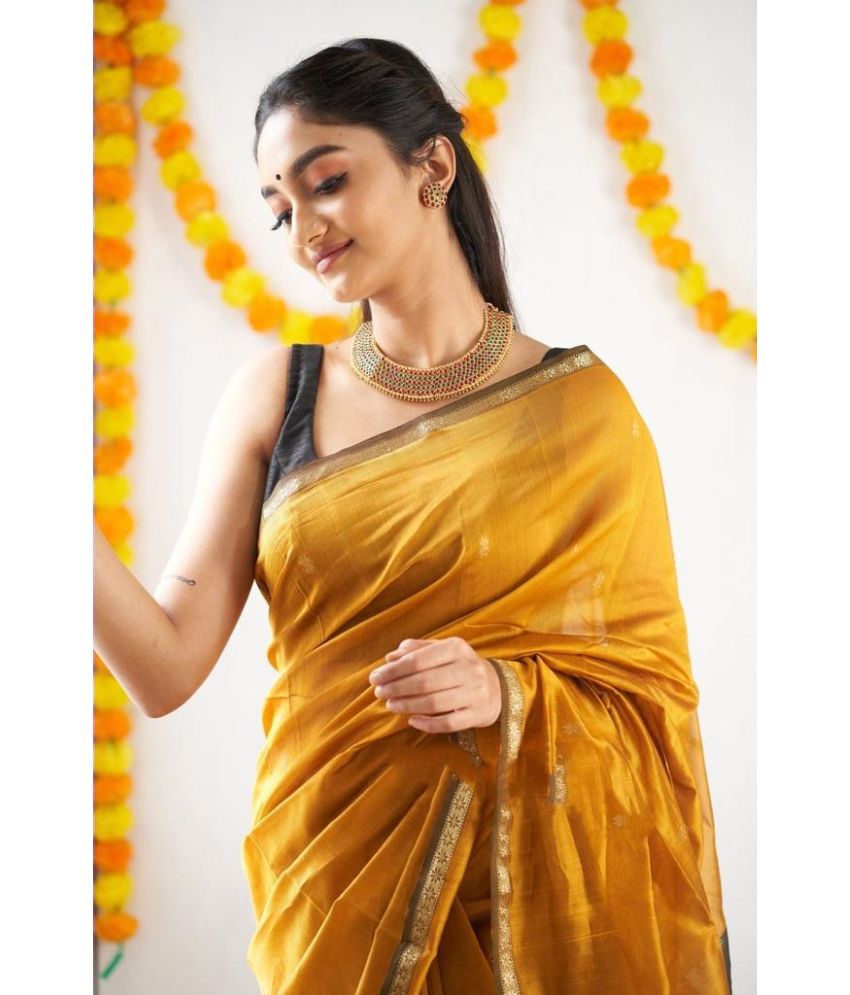     			Vividvibe Pack of 1 Kanjivaram Silk Self Design Saree With Blouse Piece ( Yellow )