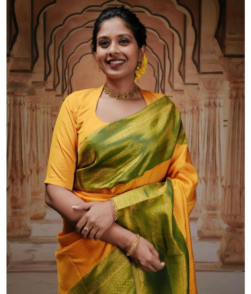     			Vividvibe Pack of 1 Kanjivaram Silk Self Design Saree With Blouse Piece ( Yellow )