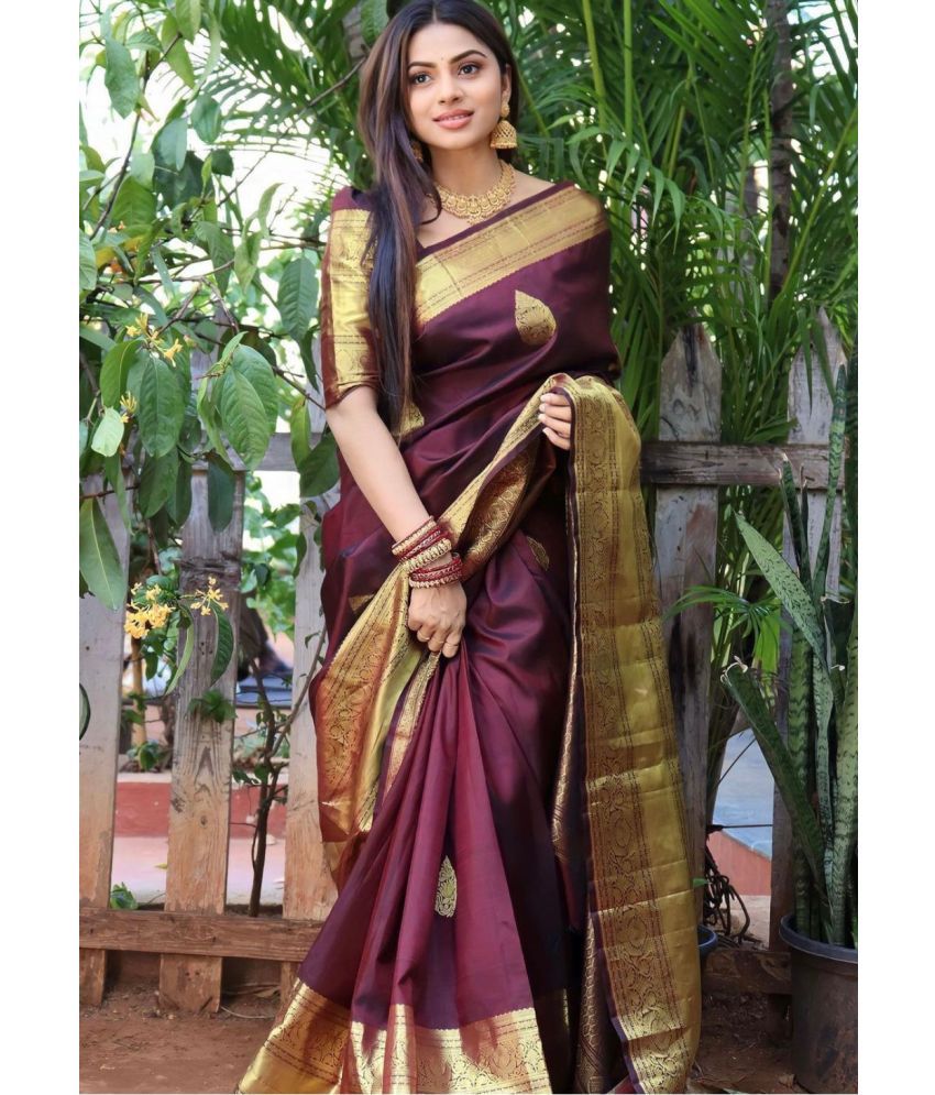     			Vividvibe Pack of 1 Kanjivaram Silk Self Design Saree With Blouse Piece ( Brown )