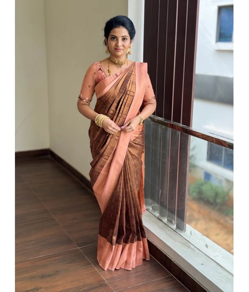     			Vividvibe Pack of 1 Kanjivaram Silk Self Design Saree With Blouse Piece ( Brown )