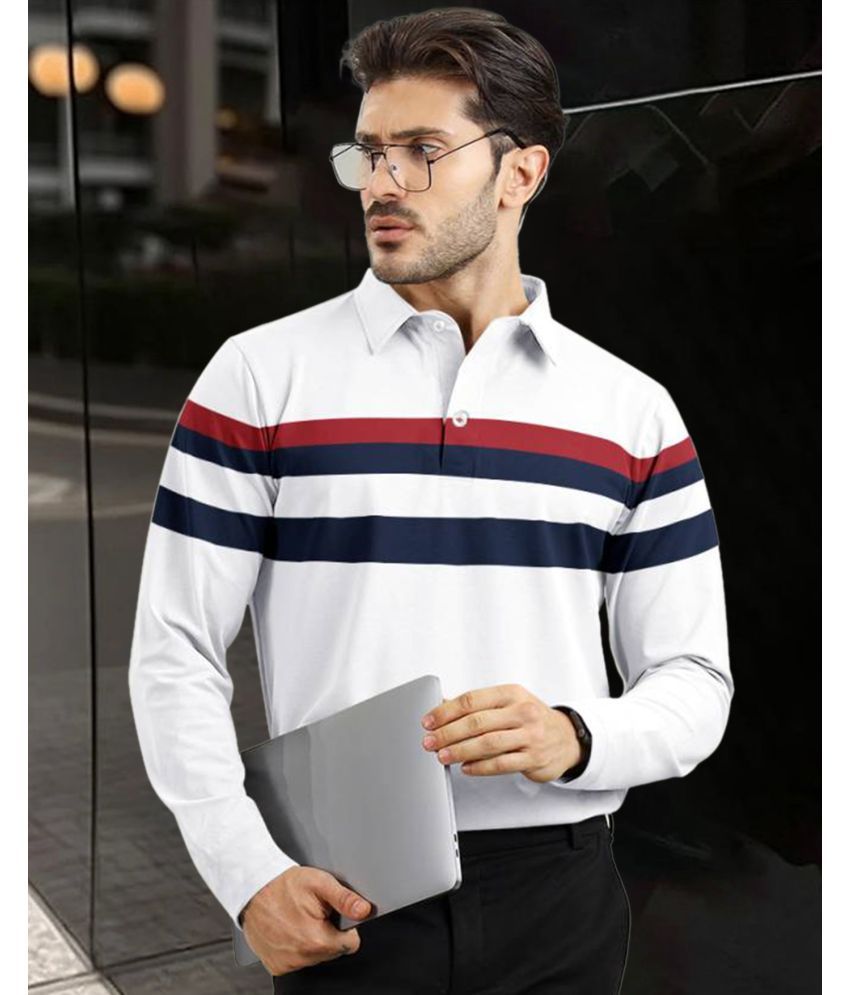     			AOOSH Pack of 1 Cotton Blend Regular Fit Striped Full Sleeves Men's Polo T Shirt ( White )