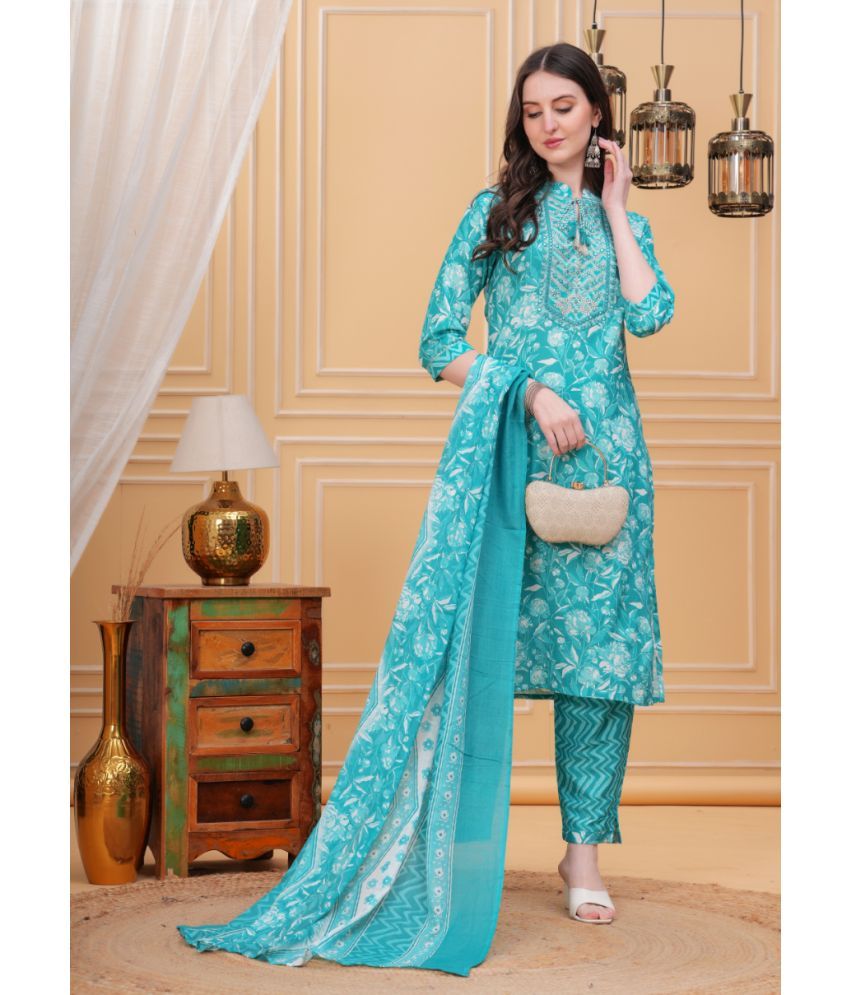     			HIGHLIGHT FASHION EXPORT Cotton Blend Embroidered Kurti With Pants Women's Stitched Salwar Suit - Turquoise ( Pack of 1 )