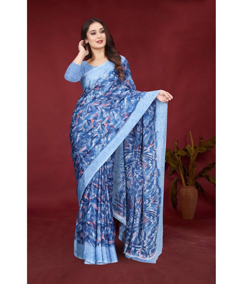     			JIHANA FAB Pack of 1 Chiffon Printed Saree With Blouse Piece ( Blue )