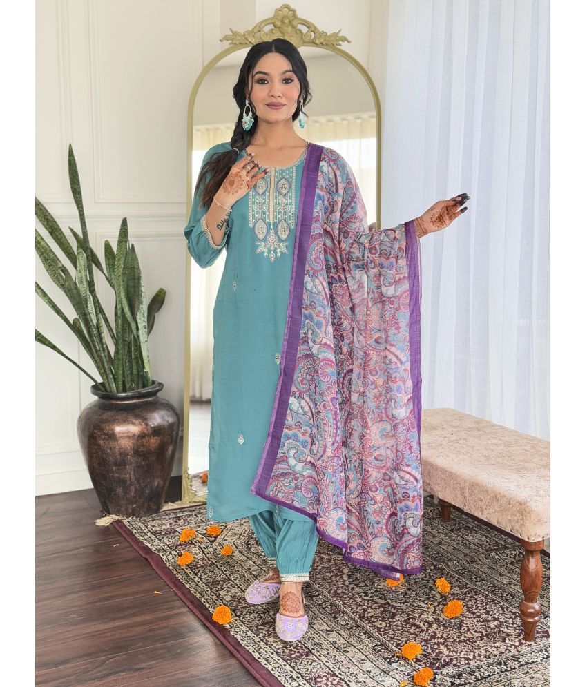     			SAREEKART FAB Chanderi Embroidered Kurti With Salwar Women's Stitched Salwar Suit - Blue ( Pack of 1 )