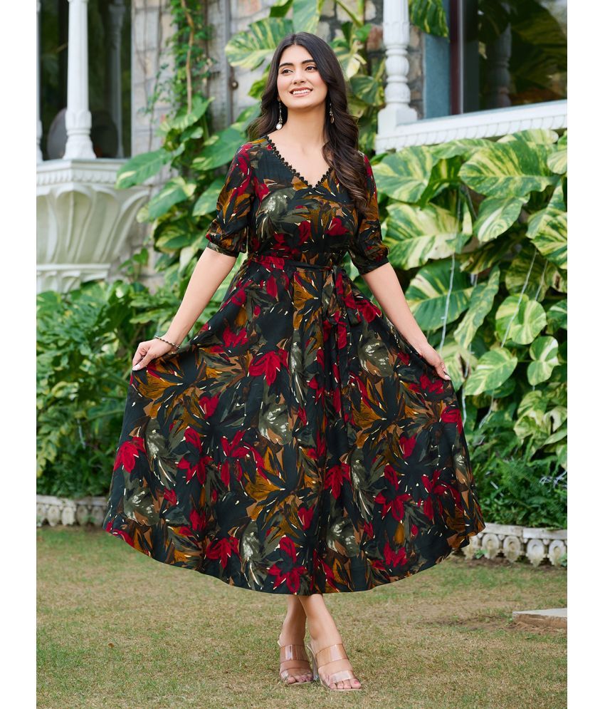     			VIBEVISION Pack of 1 Cotton Silk Printed Anarkali Women's Kurti - ( Black )