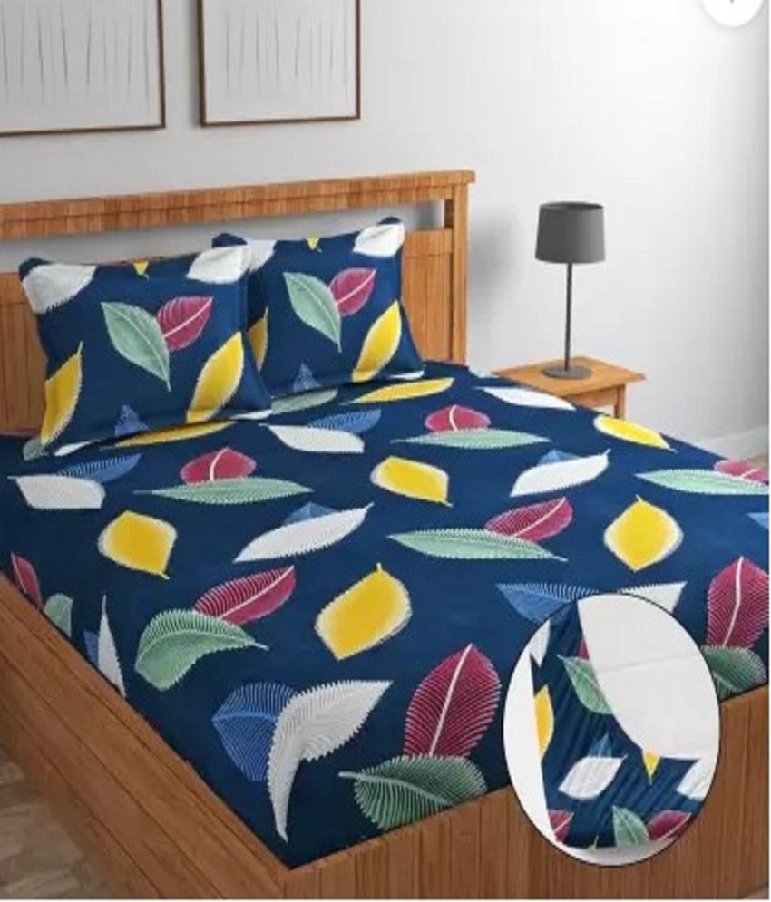     			YKNIP Cotton Floral Fitted 1 Bedsheet with 2 Pillow Covers ( King Size ) - Navy Blue