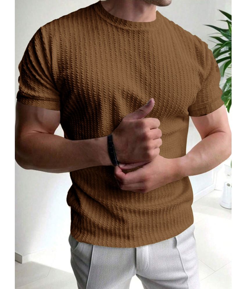     			HISCRAVES Cotton Blend Regular Fit Self Design Half Sleeves Men's Round T-Shirt - Brown ( Pack of 1 )