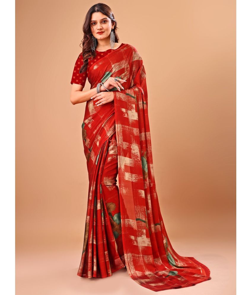     			Vibhagyaa Chiffon Printed Saree With Blouse Piece ( Red , Pack of 1 )