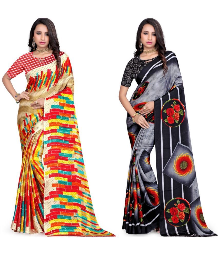     			Vibhagyaa Crepe Printed Saree With Blouse Piece ( Multicolor , Pack of 2 )