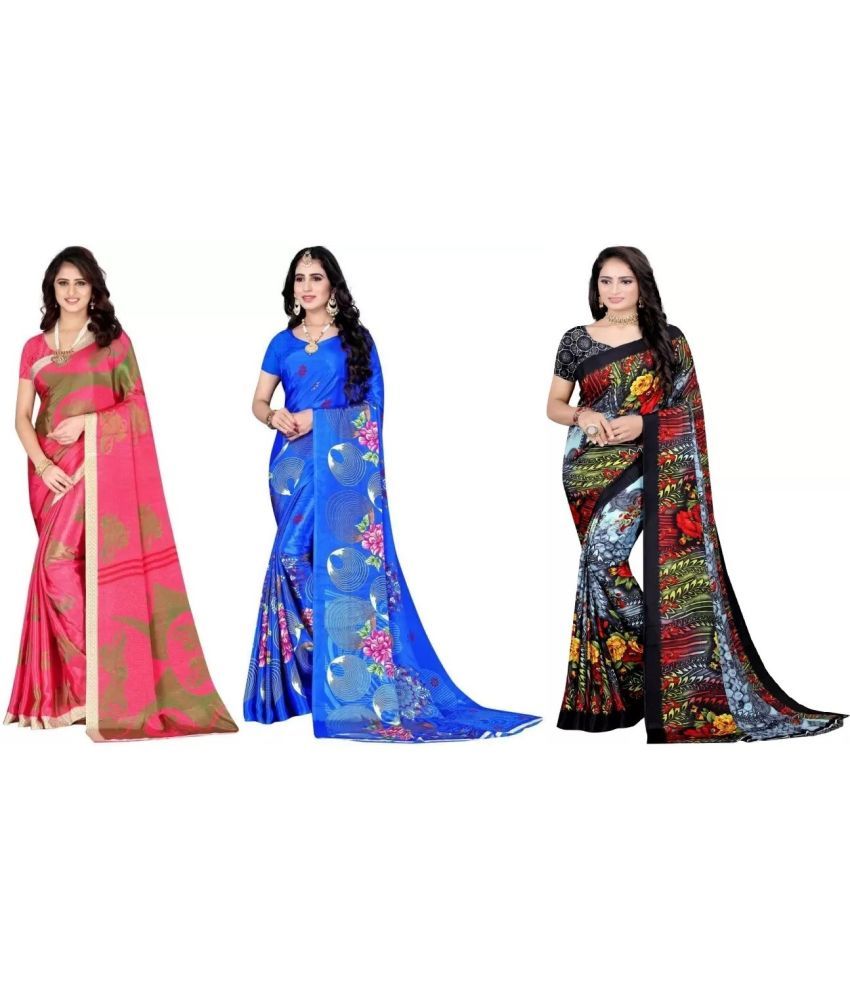     			Vibhagyaa Crepe Printed Saree With Blouse Piece ( Multicolor , Pack of 3 )