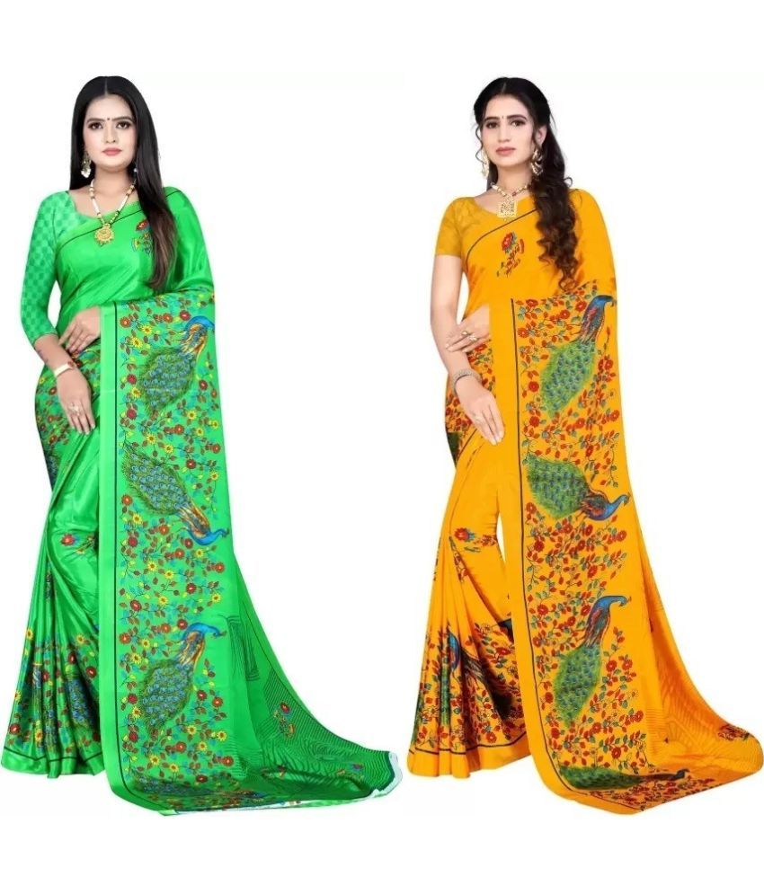     			Vibhagyaa Crepe Printed Saree With Blouse Piece ( Multicolor , Pack of 2 )