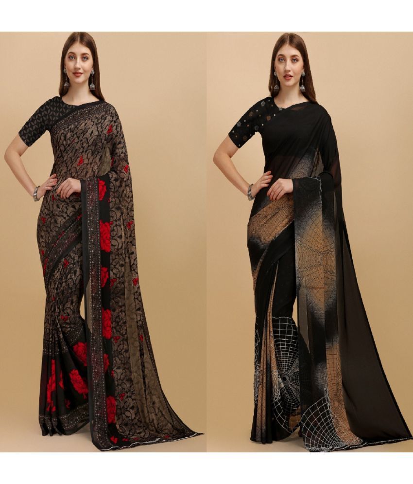     			Vibhagyaa Georgette Printed Saree With Blouse Piece ( Black , Pack of 2 )