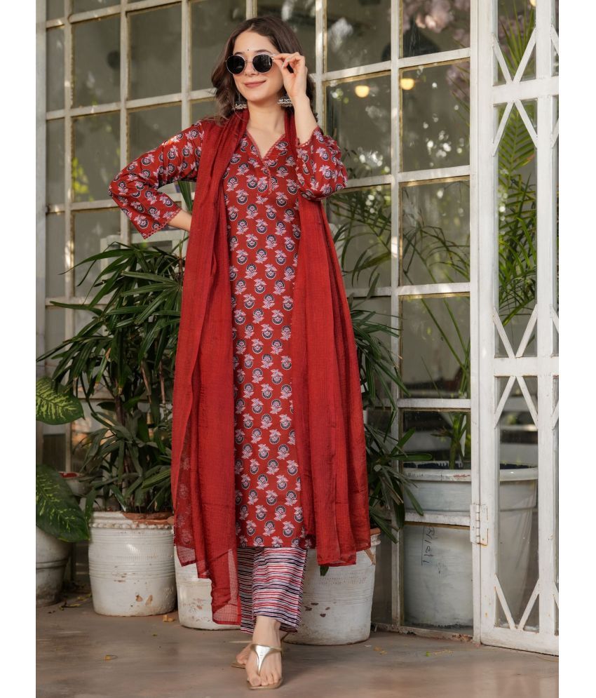     			Eeloo Cotton Printed Kurti With Pants Women's Stitched Salwar Suit - Red ( Pack of 1 )