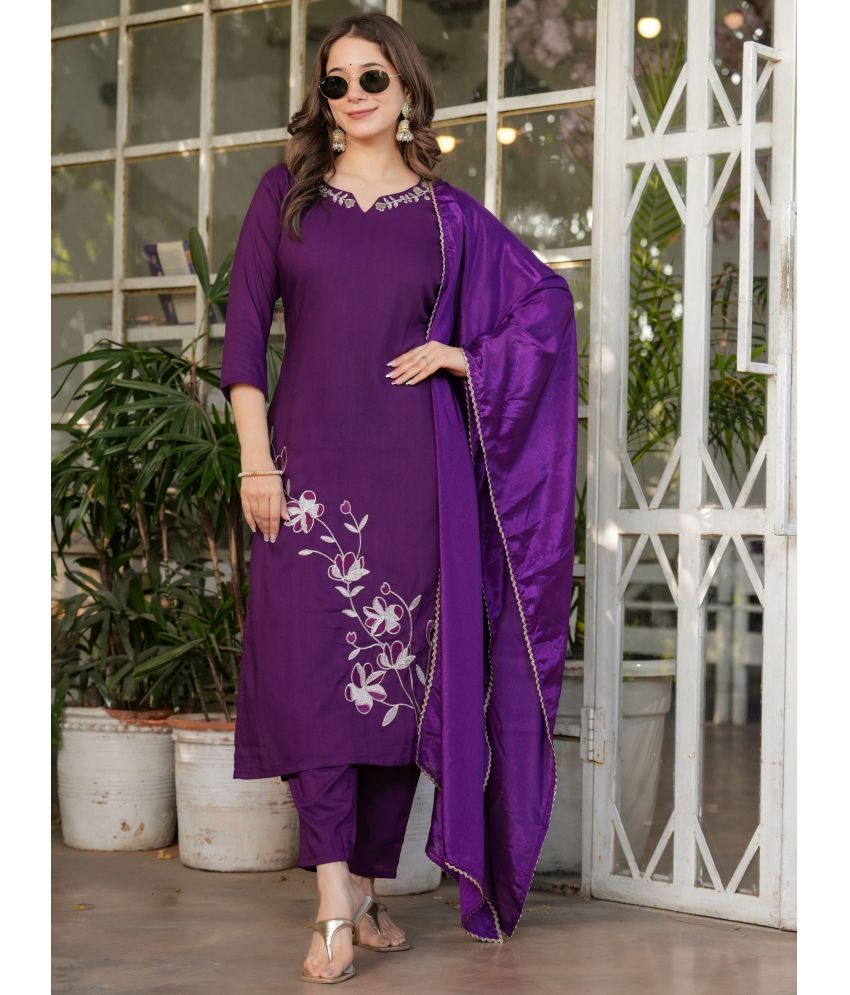     			Eeloo Rayon Embroidered Kurti With Pants Women's Stitched Salwar Suit - Purple ( Pack of 1 )