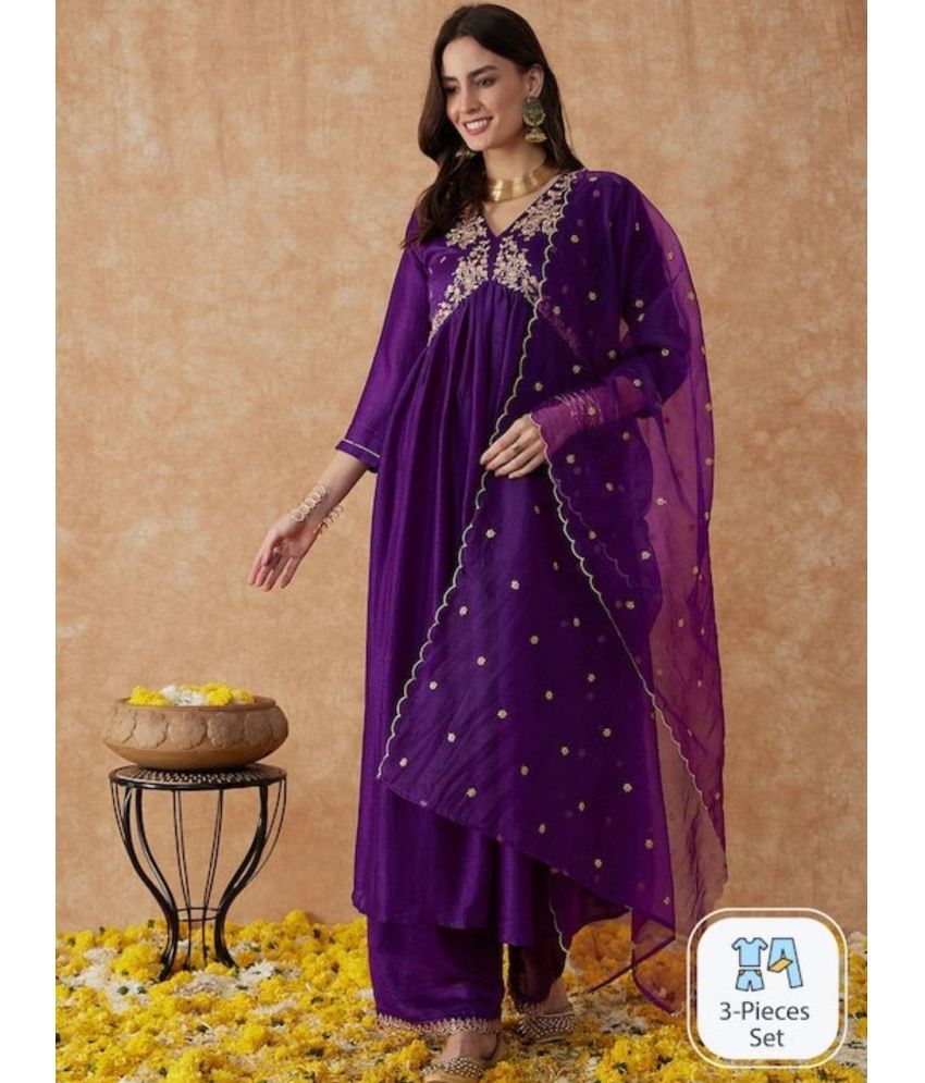     			Eeloo Silk Embroidered Kurti With Pants Women's Stitched Salwar Suit - Purple ( Pack of 1 )