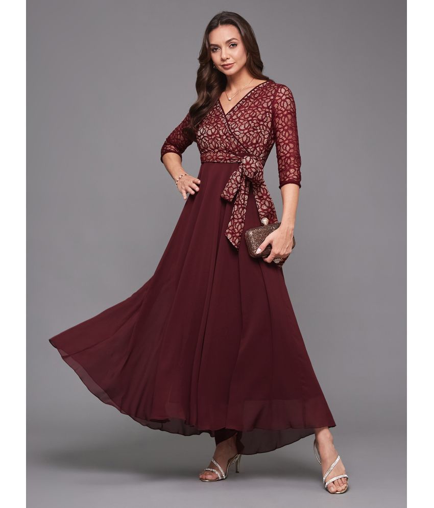     			Miss Chase Georgette Printed Full Length Women's Wrap Dress - Wine ( Pack of 1 )