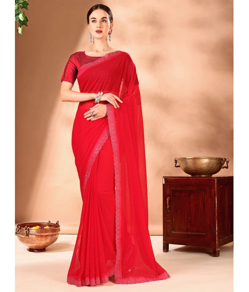     			Vibhagyaa Chiffon Embellished Saree With Blouse Piece ( Red , Pack of 1 )