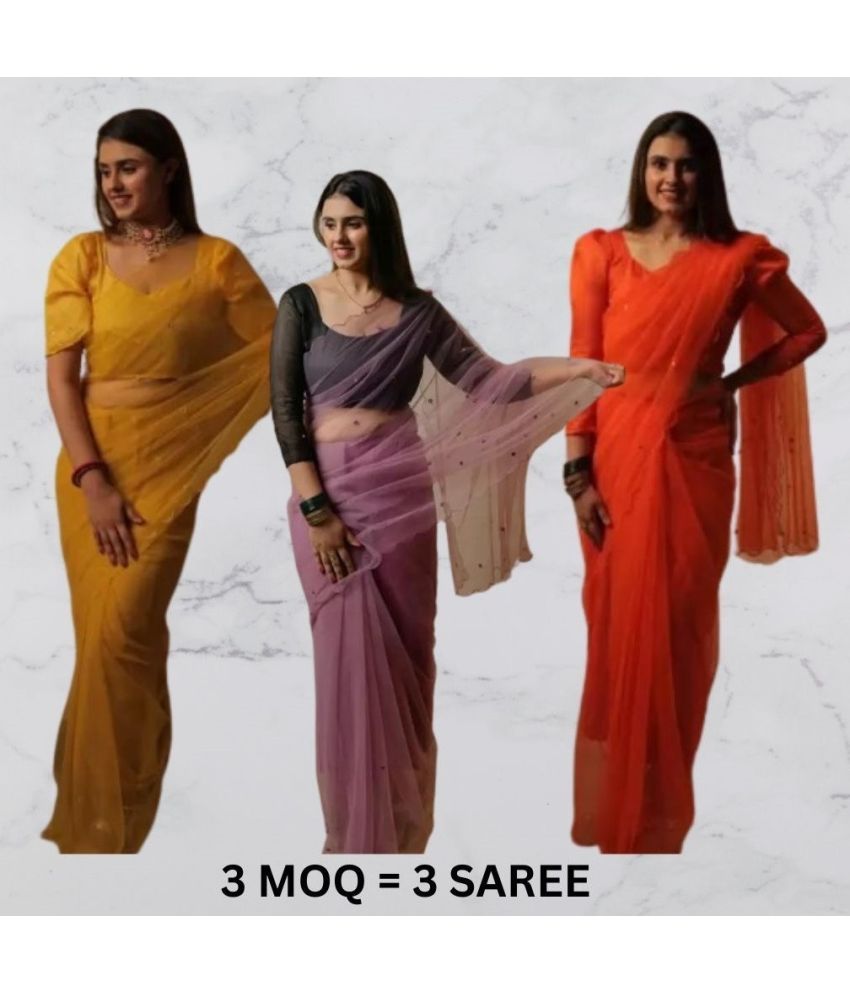     			Vibhagyaa Net Self Design Saree With Blouse Piece ( Multicolor , Pack of 3 )