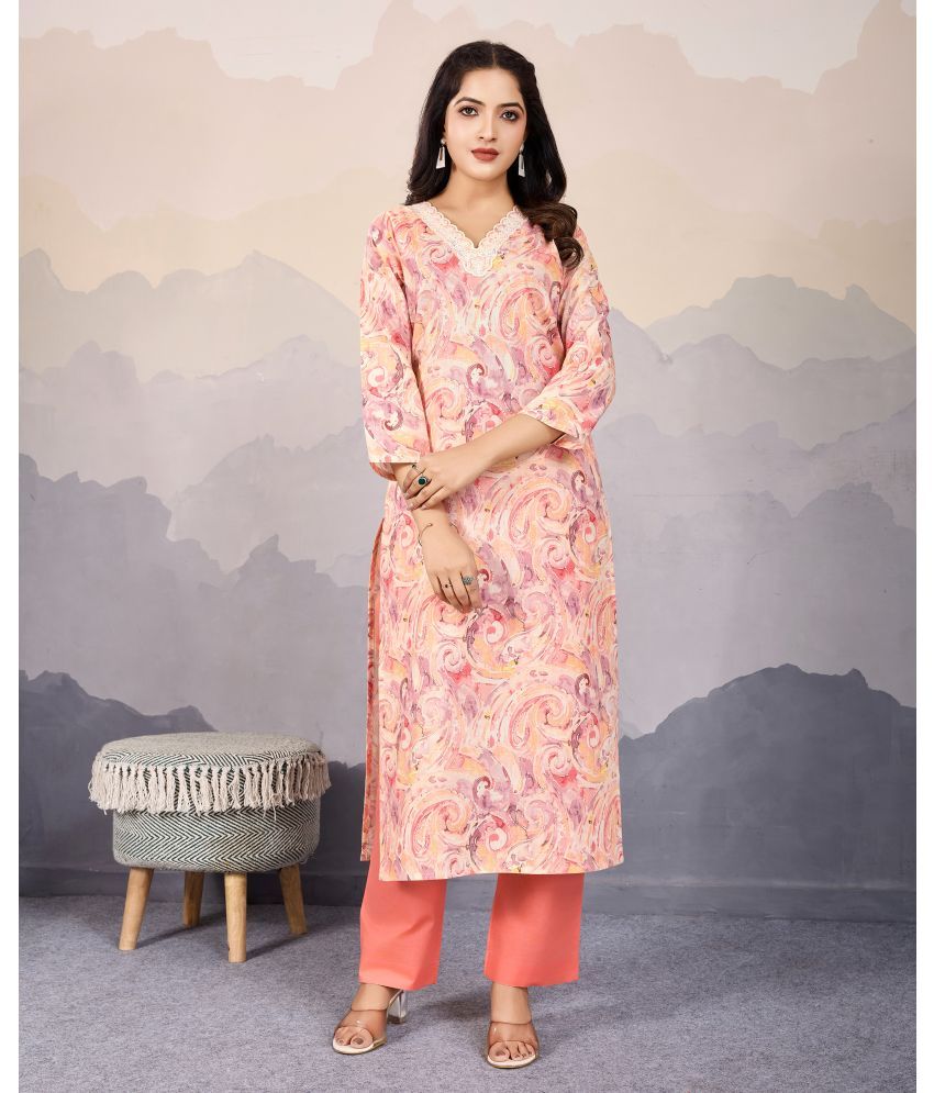     			MOJILAA Cotton Embroidered Kurti With Pants Women's Stitched Salwar Suit - Peach ( Pack of 1 )