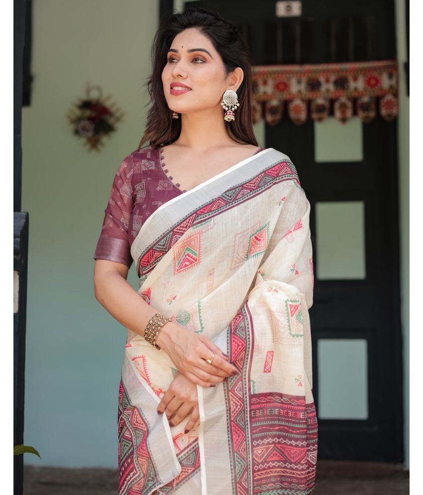     			AlmaariFashion Linen Printed Saree With Blouse Piece ( Multicolor , Pack of 1 )