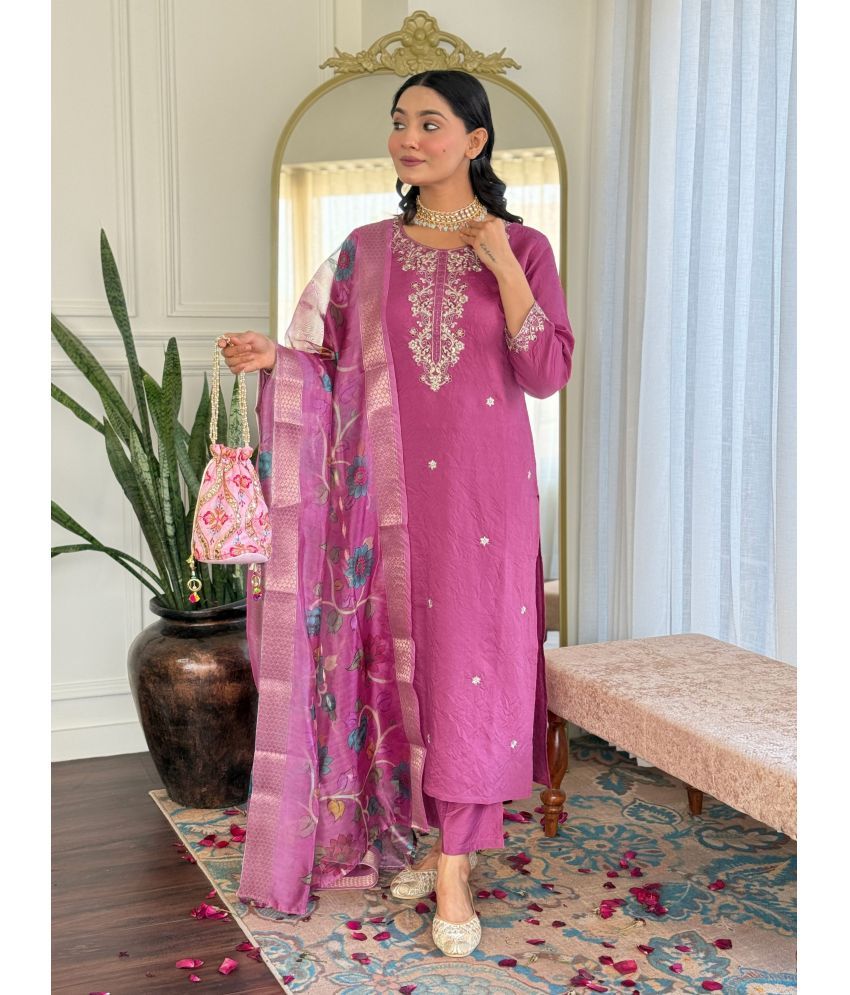     			Niza Fashion Viscose Embroidered Kurti With Pants Women's Stitched Salwar Suit - Pink ( Pack of 1 )