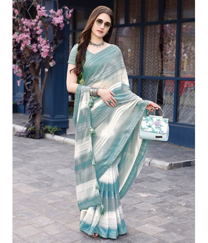     			Sitanjali Lifestyle Chiffon Striped Saree With Blouse Piece ( SkyBlue , Pack of 1 )