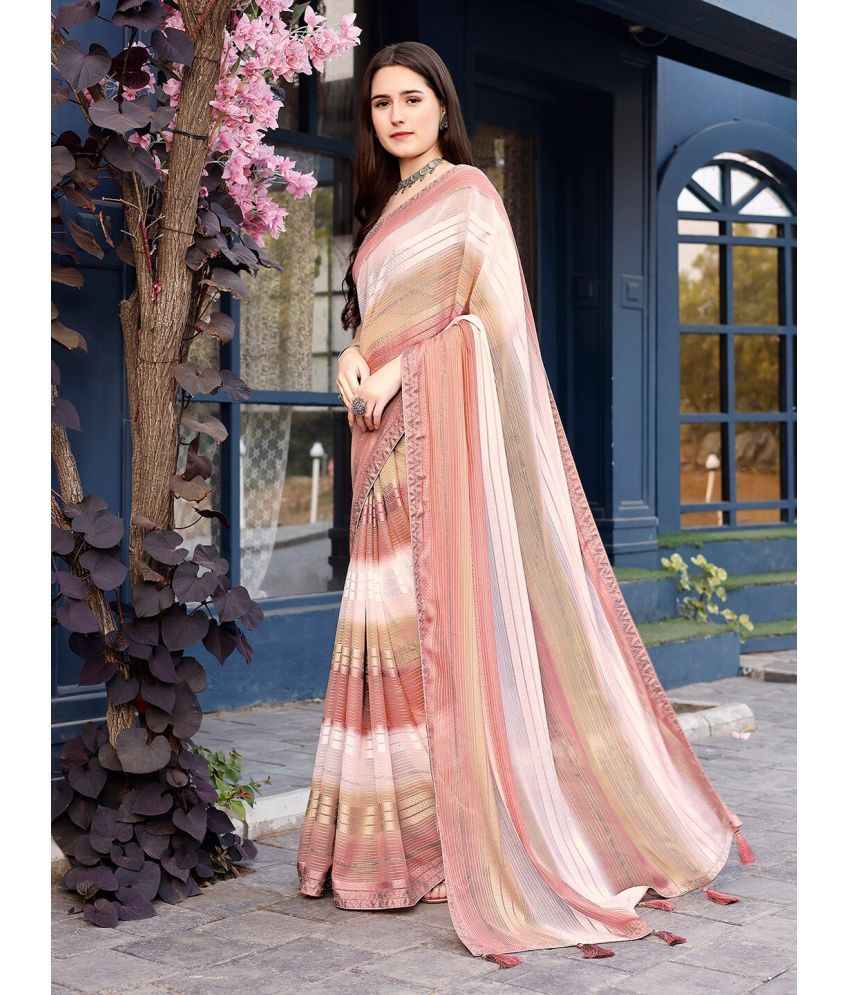     			Sitanjali Lifestyle Chiffon Striped Saree With Blouse Piece ( Peach , Pack of 1 )