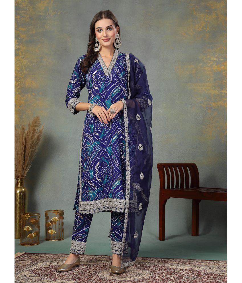     			Stylum Silk Blend Printed Kurti With Pants Women's Stitched Salwar Suit - Blue ( Pack of 1 )