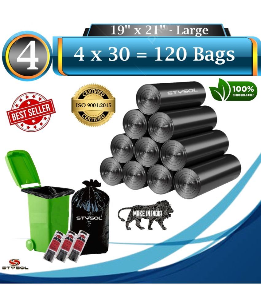     			120 Bags (4 Rolls) Premium Biodegradable Garbage Bags 19 X 21 Inches (Medium Size)  Dustbin Bag/Trash Bag - Black Color