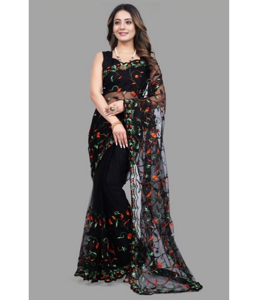     			A TO Z CART Net Embroidered Saree With Blouse Piece ( Black , Pack of 1 )