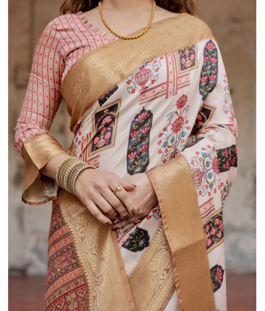     			Almaari Fashion Cotton Silk Printed Saree With Blouse Piece ( Beige , Pack of 1 )