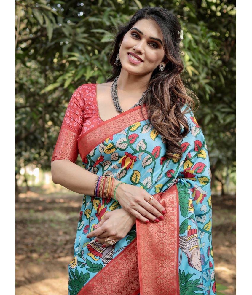     			Almaari Fashion Cotton Silk Printed Saree With Blouse Piece ( Blue , Pack of 1 )