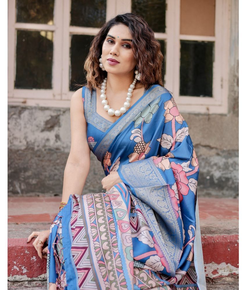     			Almaari Fashion Cotton Silk Printed Saree With Blouse Piece ( Blue , Pack of 1 )