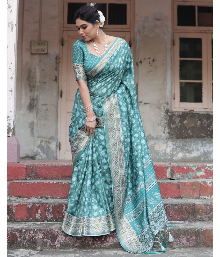     			Almaari Fashion Cotton Silk Printed Saree With Blouse Piece ( Green , Pack of 1 )