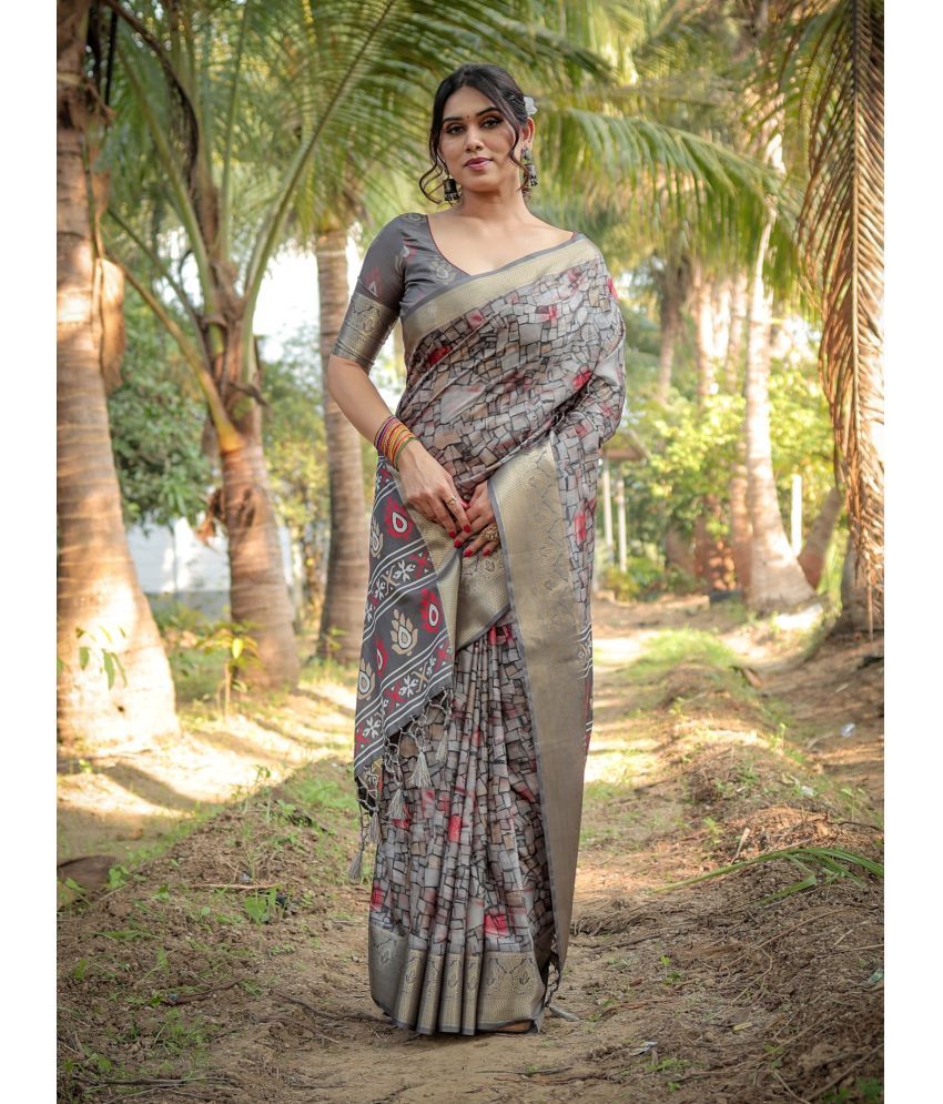     			Almaari Fashion Cotton Silk Printed Saree With Blouse Piece ( Grey , Pack of 1 )