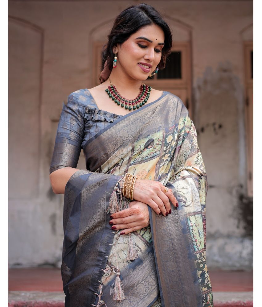     			Almaari Fashion Cotton Silk Printed Saree With Blouse Piece ( Grey , Pack of 1 )