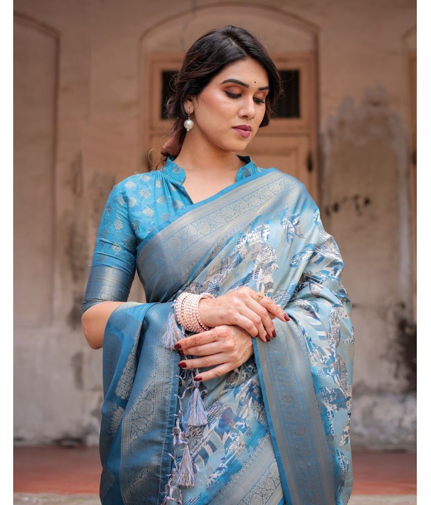     			Almaari Fashion Cotton Silk Printed Saree With Blouse Piece ( Blue , Pack of 1 )